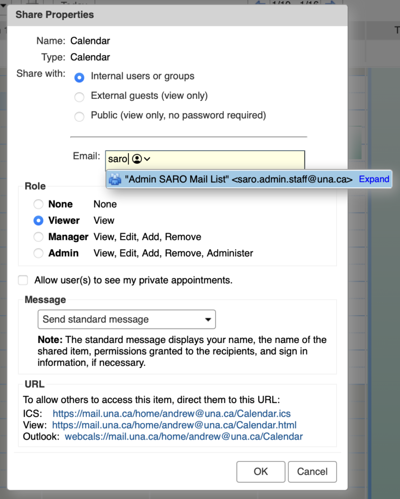 Zimbra Sharing a calendar UNA Help