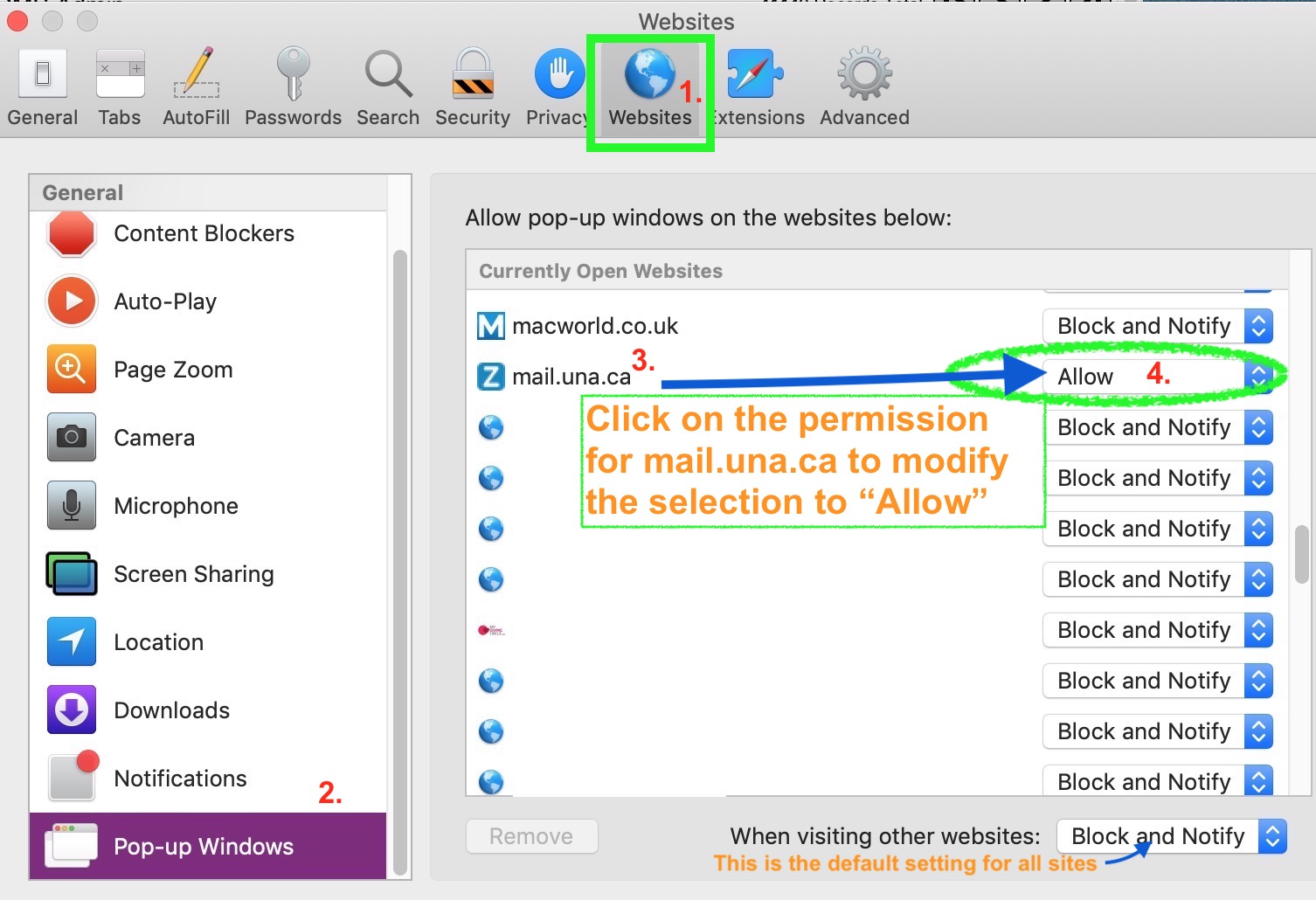 Allow pop up windows in safari una help