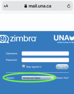 Mobile Device UNA Zimbra Mail login window (Advanced)