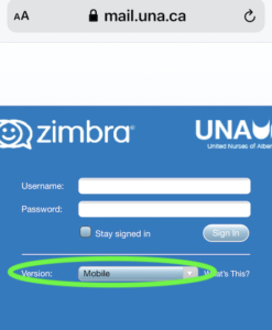 Mobile Device UNA Zimbra Mail login window (Mobile)